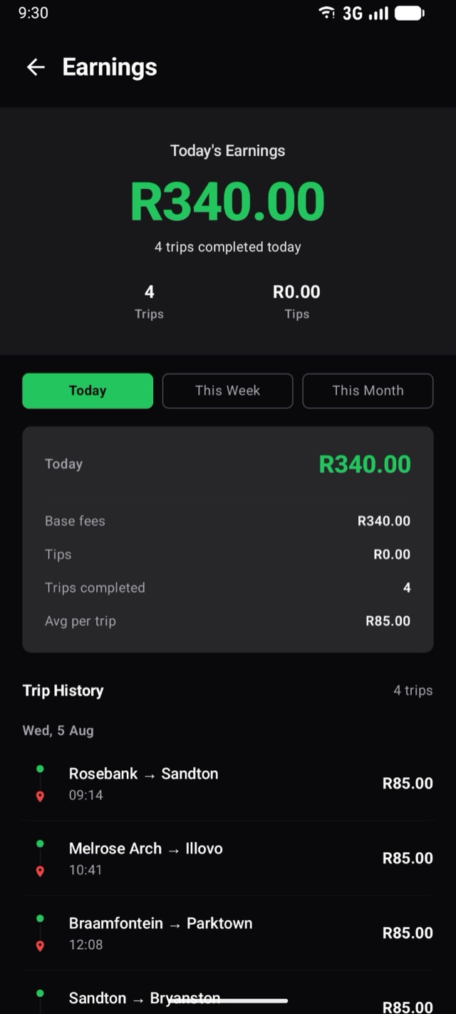 Earnings screen: today's total, tips, average per trip, and trip history