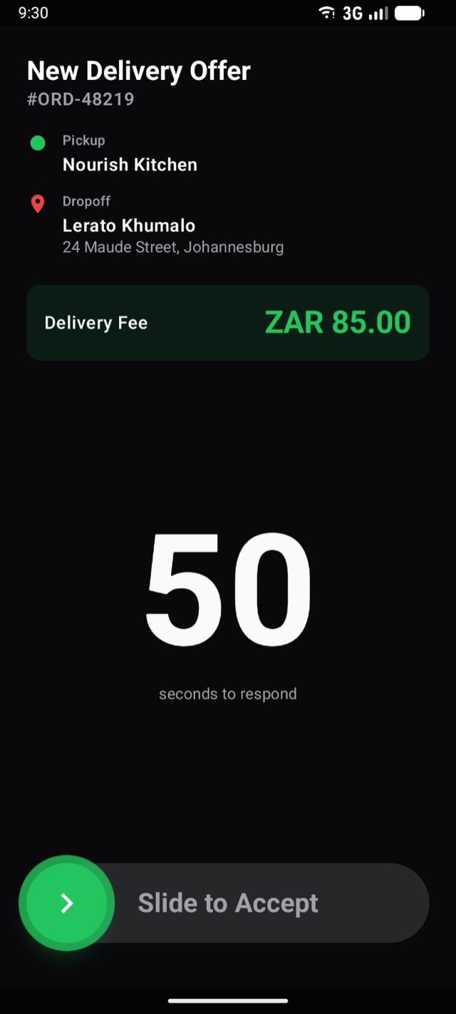 New delivery offer: fee shown upfront, countdown to respond, slide to accept