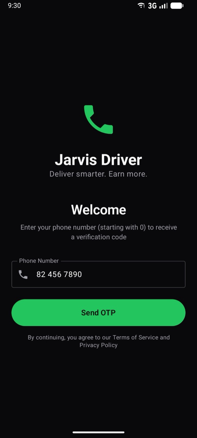 Jarvis Driver sign-in: phone number and Send OTP — no password