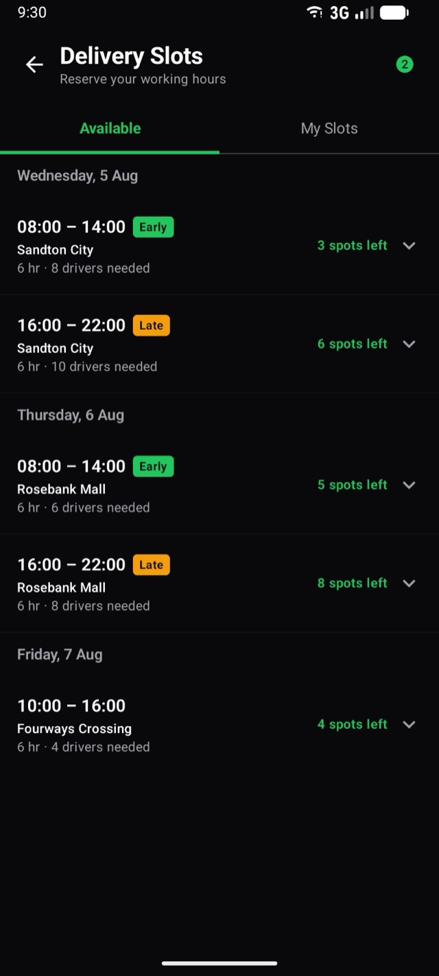 Delivery slots screen: bookable shifts with spots left per store