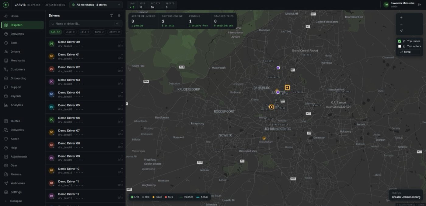 Jarvis dispatch board: driver list beside a live map of Greater Johannesburg with live, idle and issue states