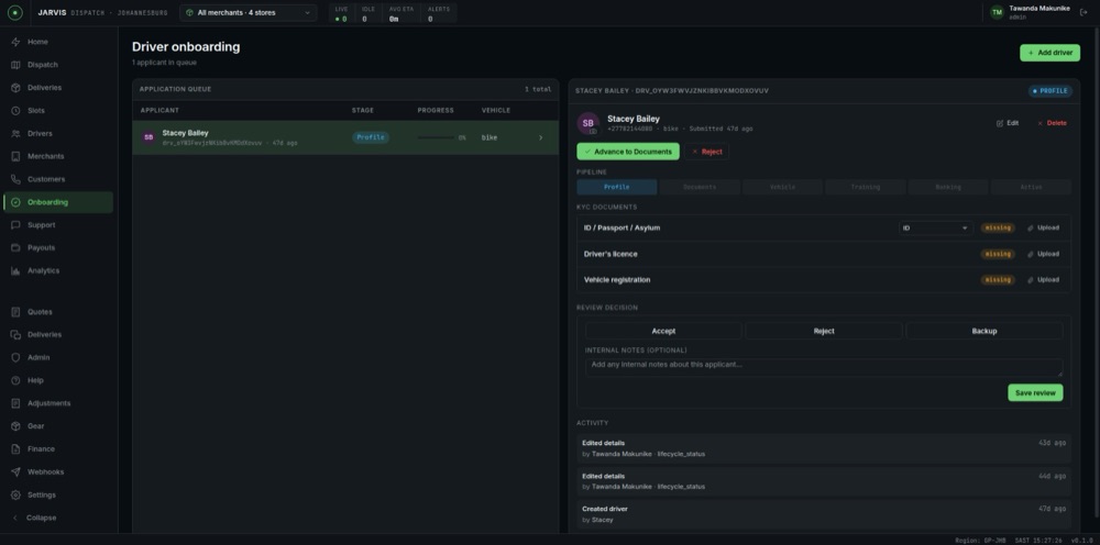 Driver onboarding: application queue with staged KYC pipeline, document uploads, and an activity audit trail