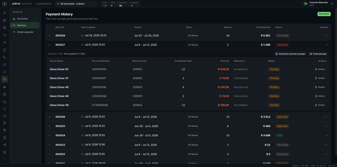 Payment history: payout batches with per-driver amounts, download payment package and email package buttons