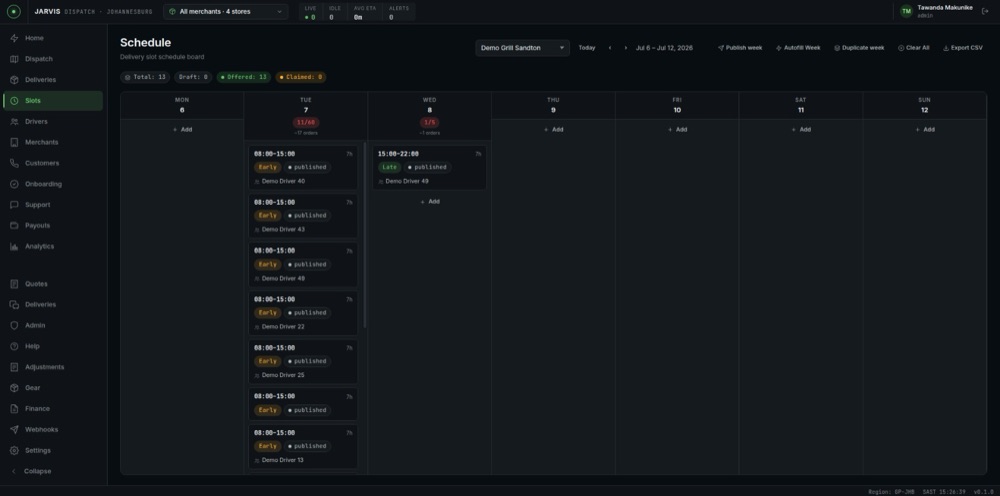 Schedule board: a week of shifts per store, published to drivers, with autofill and duplicate week