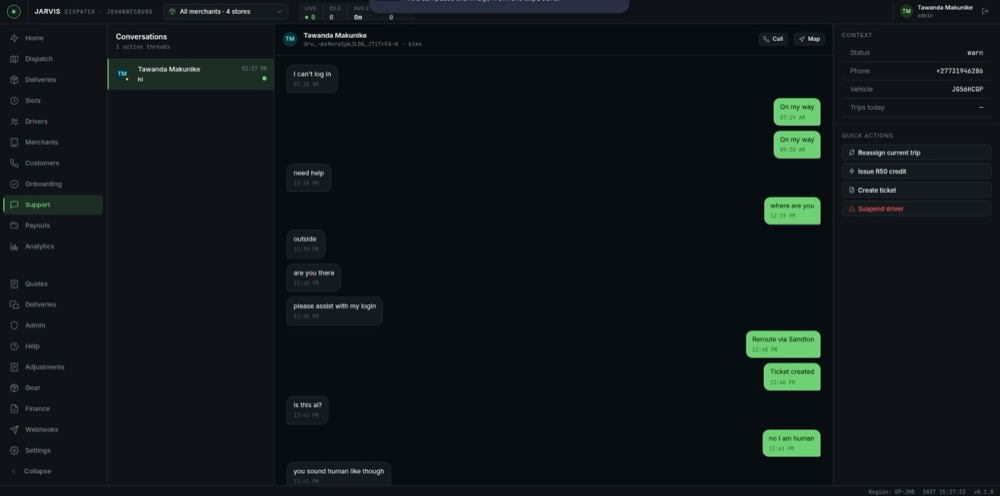 Support inbox: chat with a driver mid-delivery, with quick actions to reassign a trip, issue credit, or create a ticket